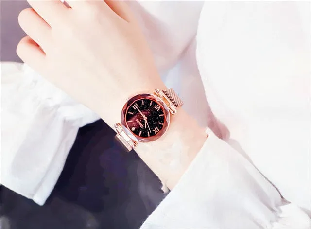 Ulzzang Luxury Crystal Star Sky  Purple Lady Steel Strap Magnetic Buckle Bracelet Watch