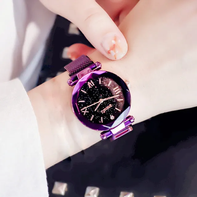 Ulzzang Luxury Crystal Star Sky  Purple Lady Steel Strap Magnetic Buckle Bracelet Watch