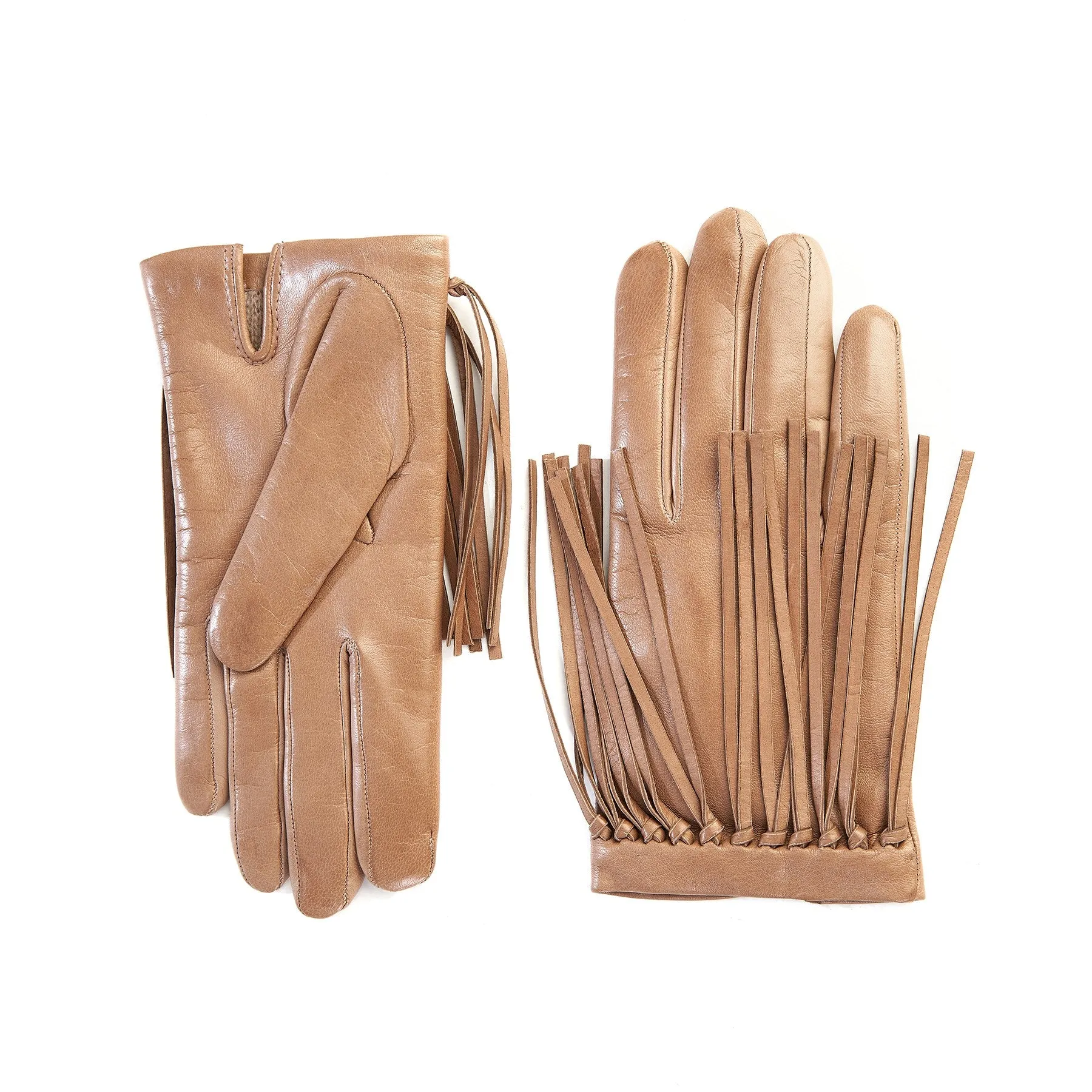 Women's cashmere lined sheepskin gloves with knotted fringes in color alpaca
