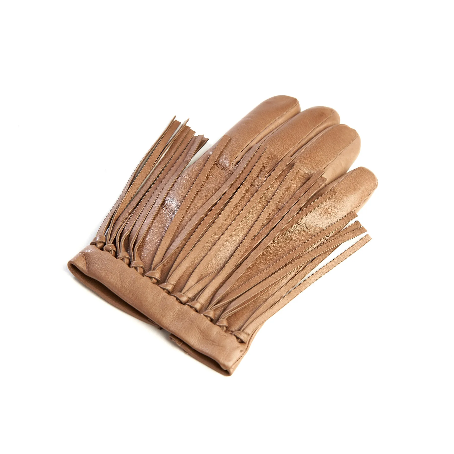 Women's cashmere lined sheepskin gloves with knotted fringes in color alpaca